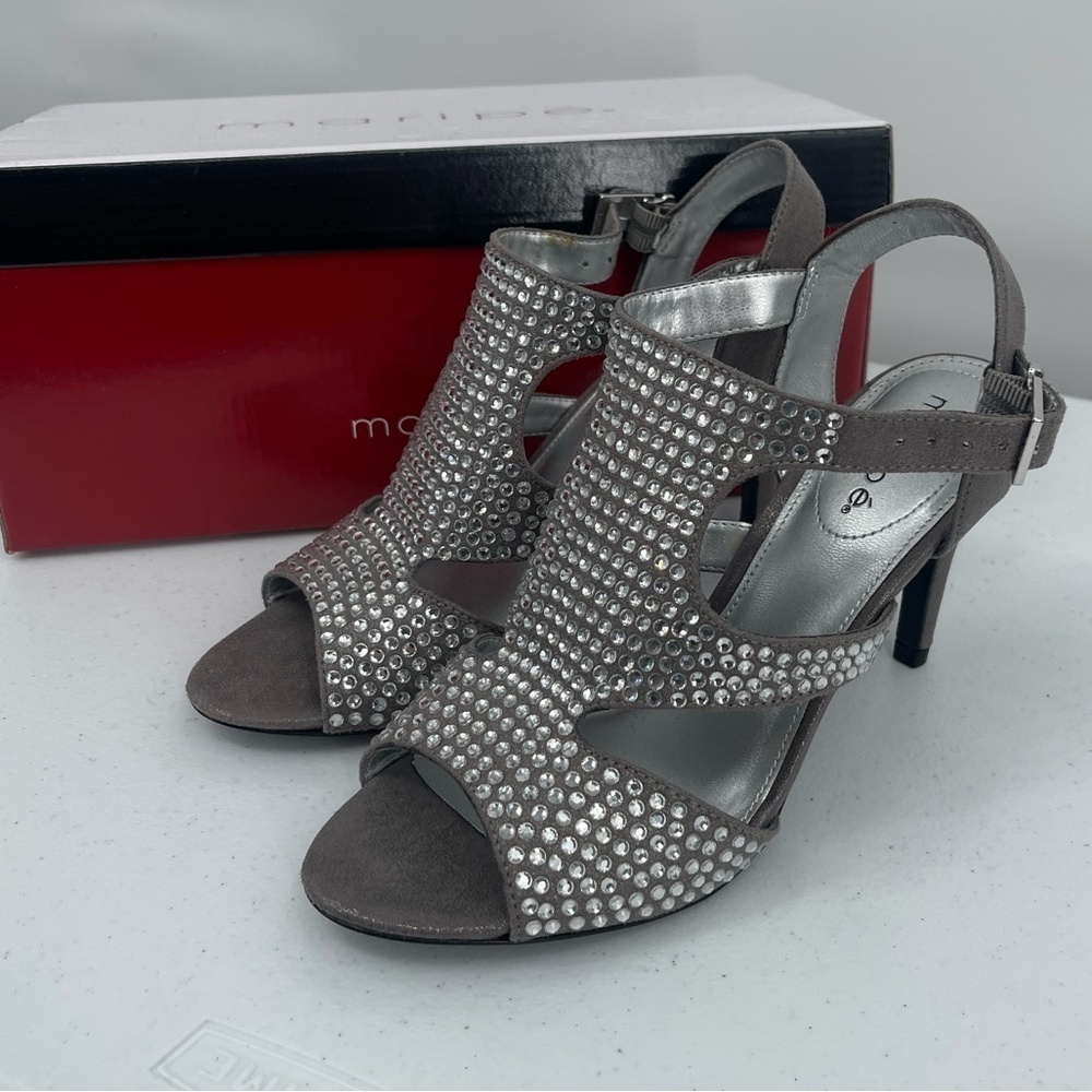 Maripe Gwynth gray vegan leather studded rhinestone heels